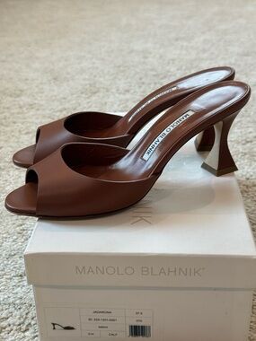 Manolo Blahnik Jadarona Leather Mule Sandals.